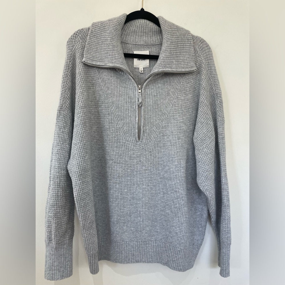 AERIE CozyUp Waffle Quarter Zip Sweater L Gray Oversized Athleisure - Picture 2 of 8